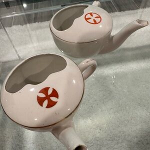 2 Vintage WWI Era Red Cross Porcelain Infant Invalid Feeder Cup or NETI POT